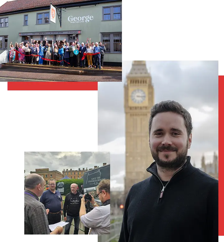 A collage of three CAMRA campaigning images: CAMRA's chairman pictured in front of the Houses of Parliament in London; a large group of supporters celebrating outside The George pub with a red ribbon cutting ceremony; and campaigners being interviewed by press outside a venue displaying a Save the Crooked House sign.