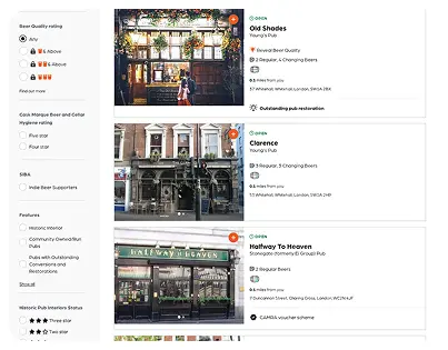 Pub search results showing Beer Quality Accreditation ratings on each listing
