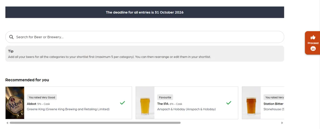 The Nominate page with the beer search bar, recommended beers, and orange Proceed tab