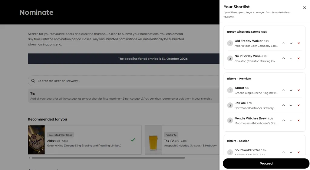 Your Shortlist panel showing ranked beers across multiple categories on the Nominate page