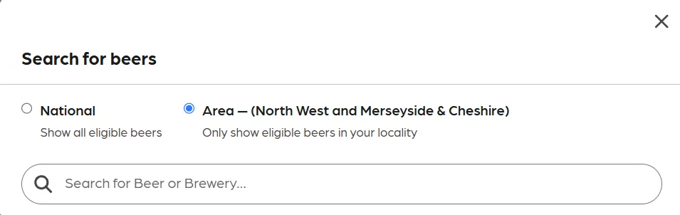 Search for beers modal with National and Area filter options