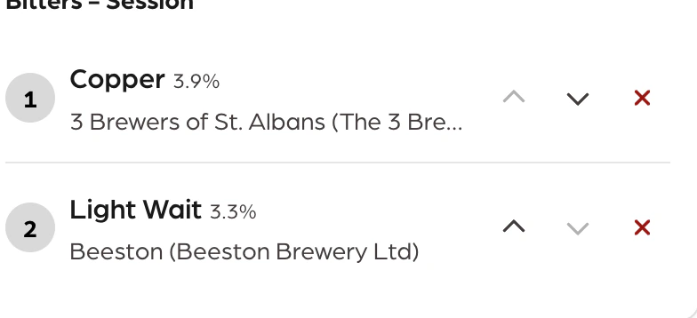 Shortlist beers with up and down arrows to change ranking order