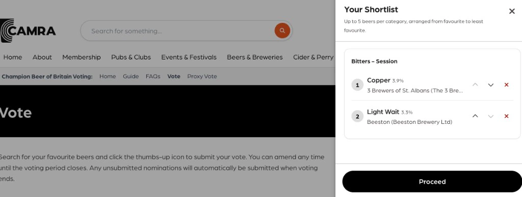 Your Shortlist panel with the Proceed button at the bottom