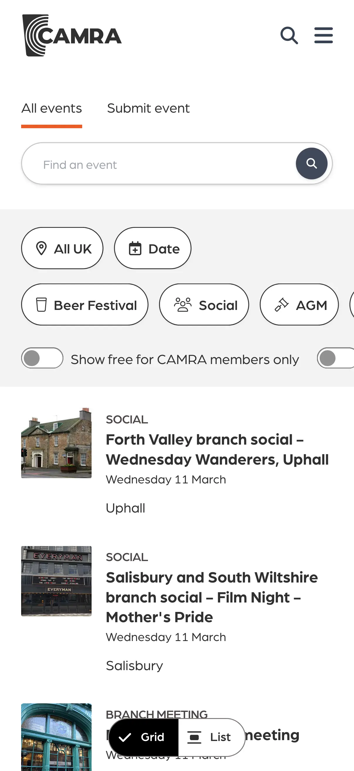 A screenshot depicting the all events filter page.
