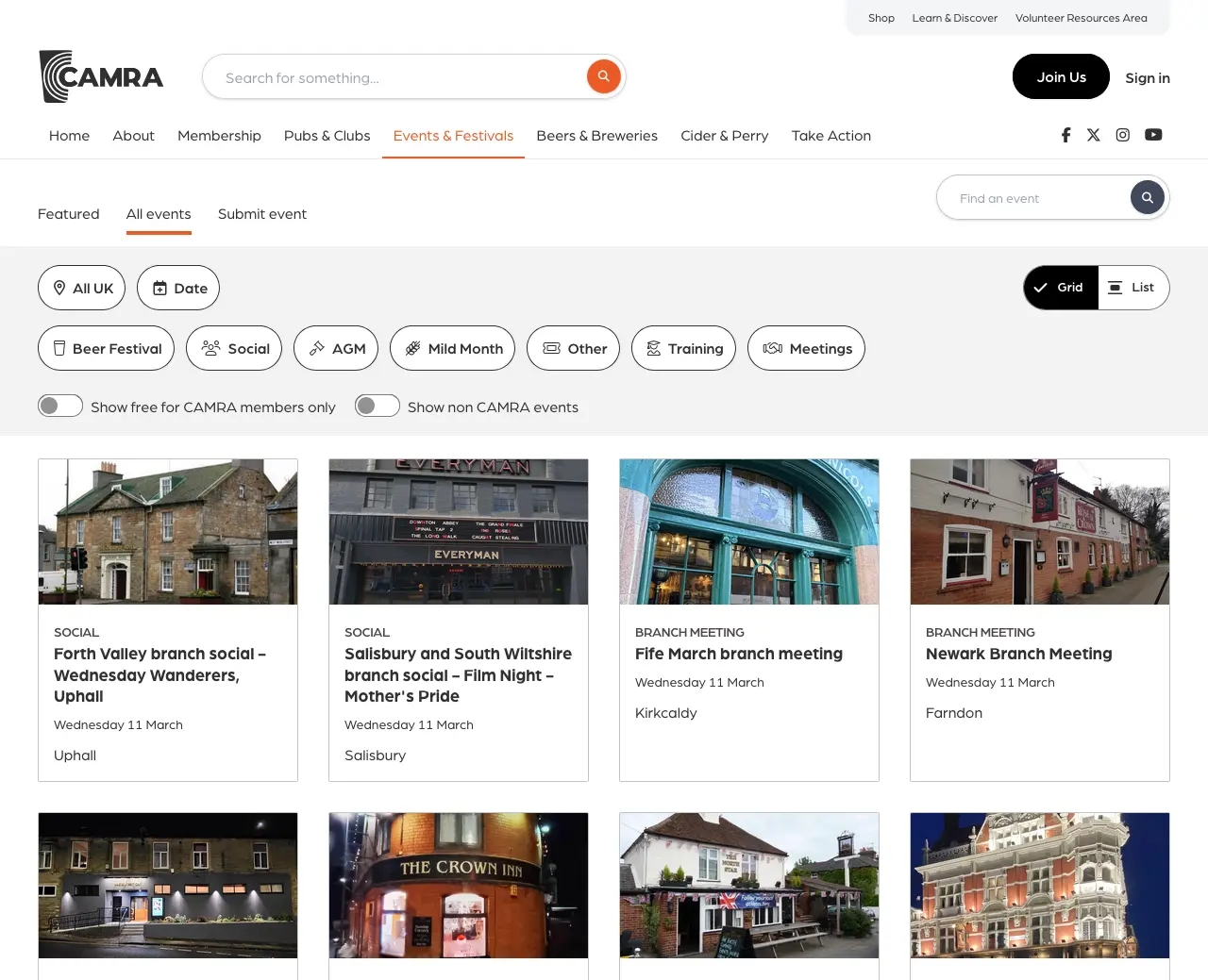 A screenshot depicting the all events filter page.