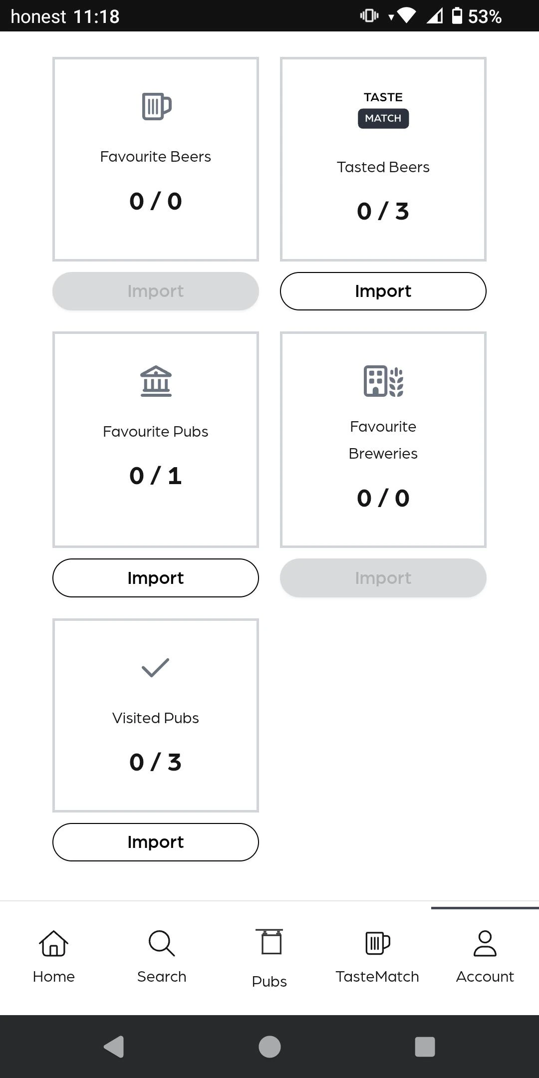 Import favourites by category screen