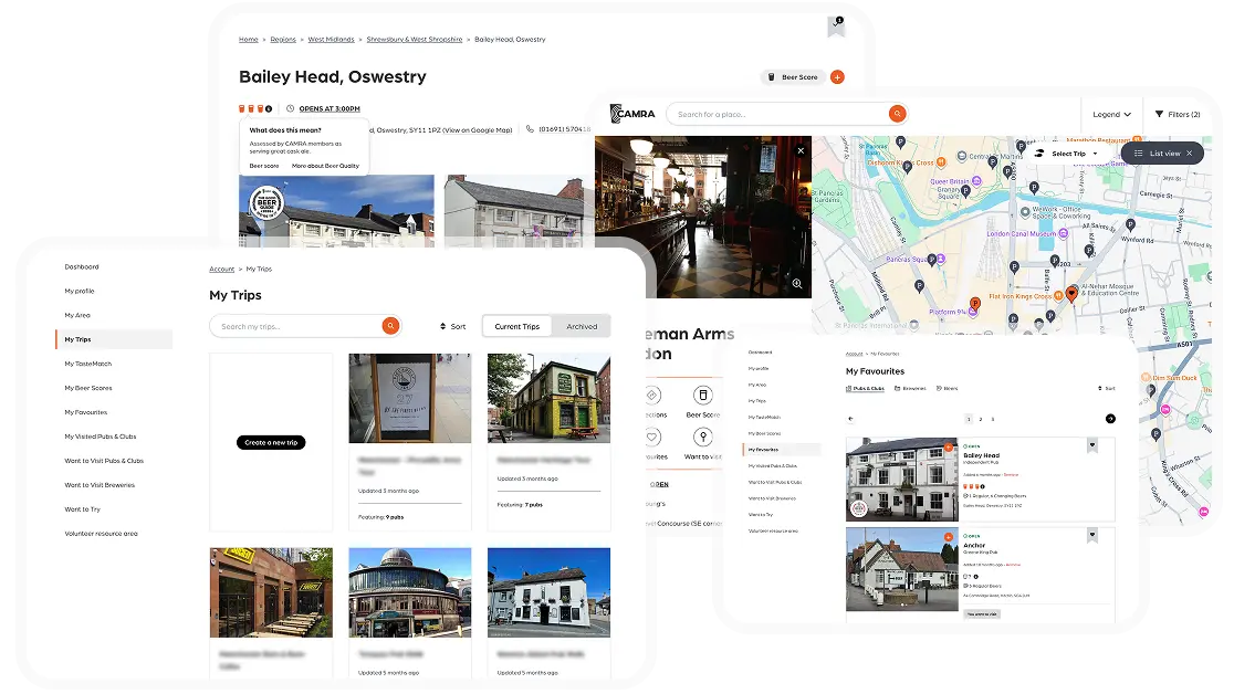 Four screenshots showcasing CAMRA's paid features. Beer scoring, trip creation, favourites and the pub map