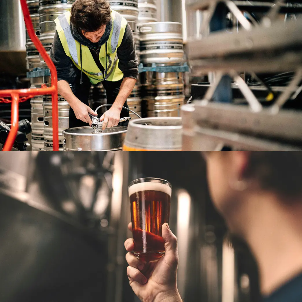 From grain to glass: a brewery professional working with kegs and a hand holding a quality pint of real ale.
