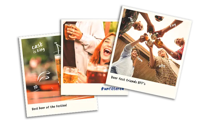 A collage of three Polaroid-style photos showing friends clinking glasses, a pint of real ale with a 'cask is king' doodle, and a woman laughing while holding a beer at a pub garden.