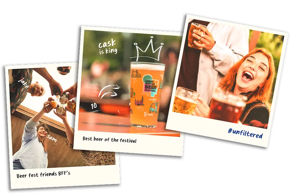 A collage of three Polaroid-style photos showing friends clinking glasses, a pint of real ale with a 'cask is king' doodle, and a woman laughing while holding a beer at a pub garden.