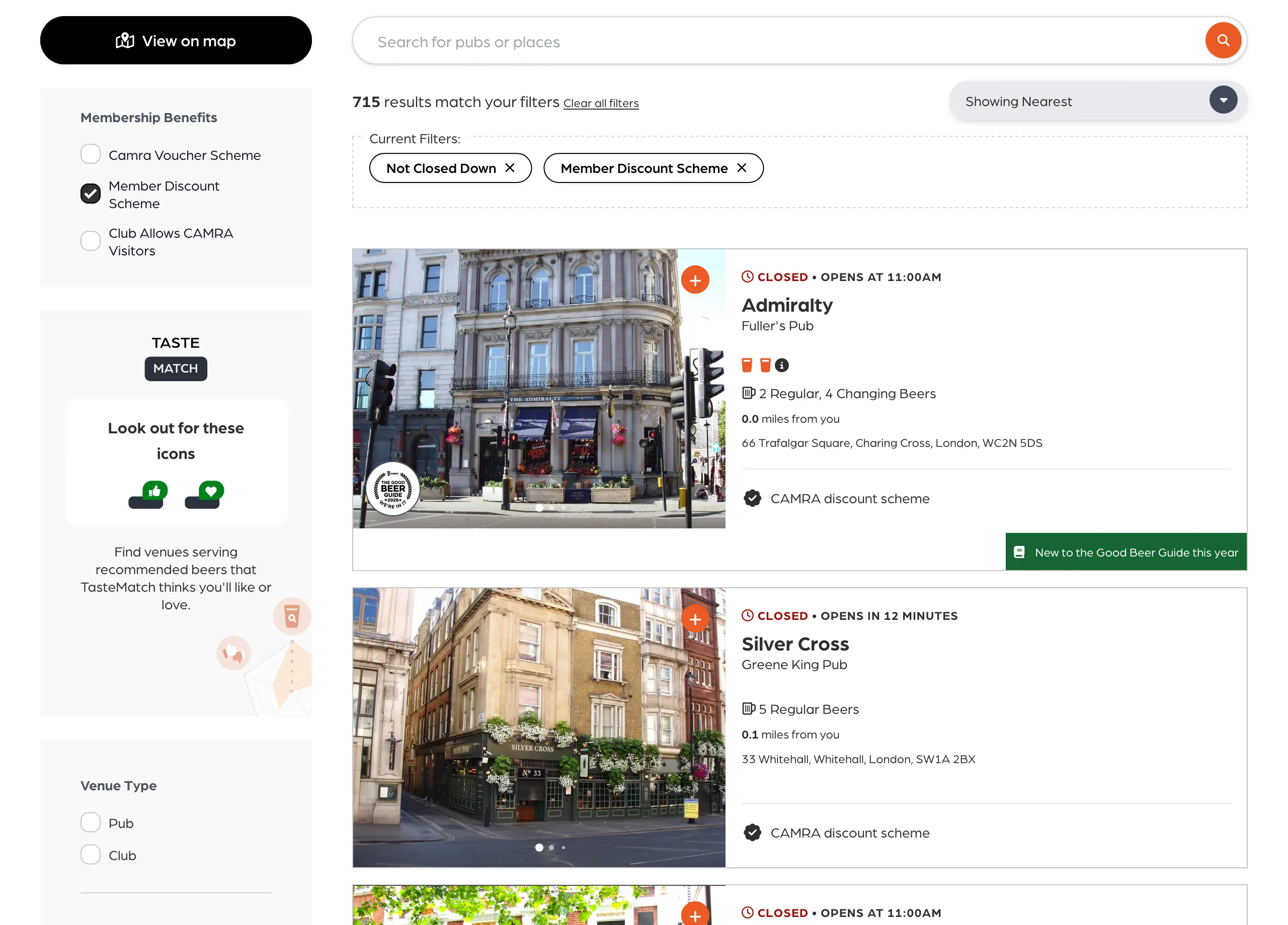A device screenshot with pub results under Discount scheme