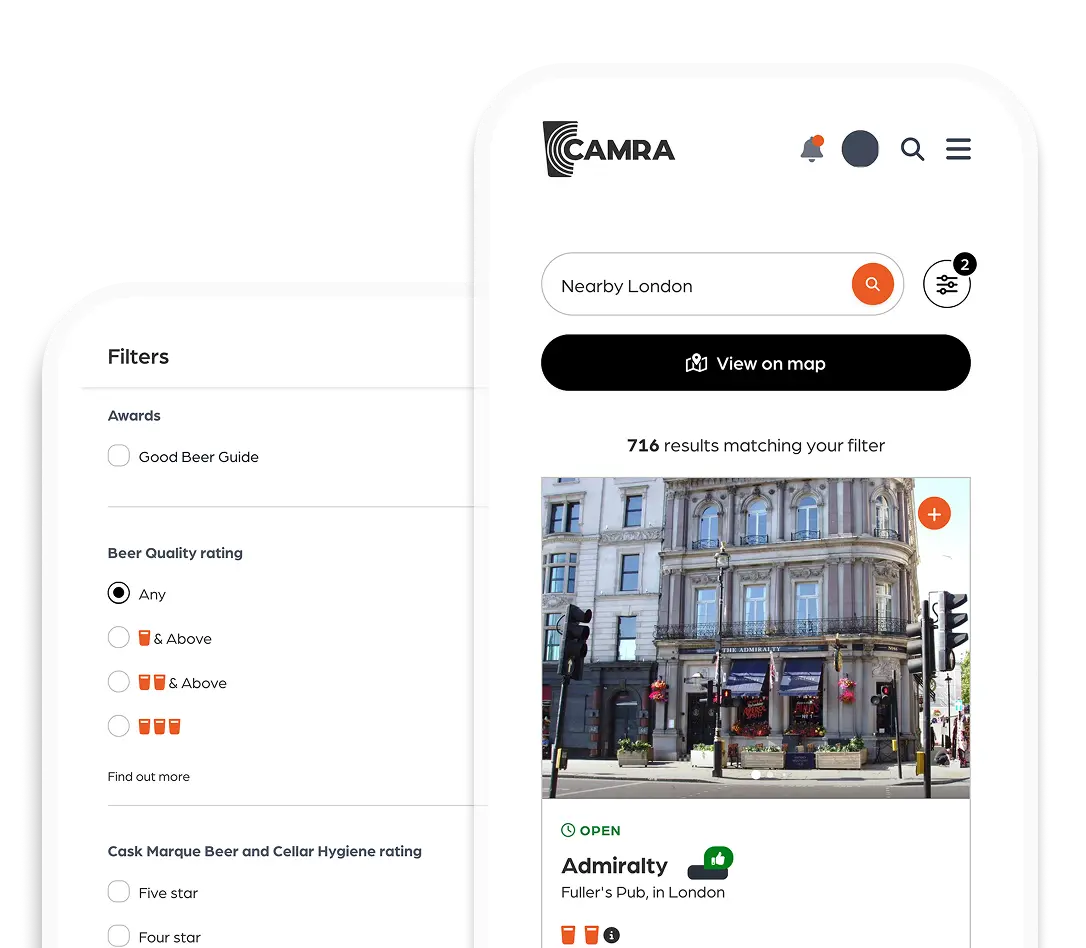 Mobile device screenshot with pub results under Discount scheme