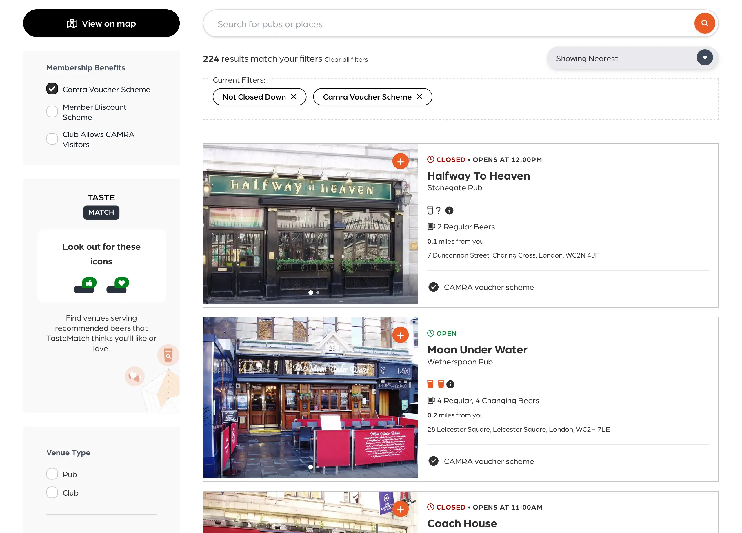 A device screenshot with pub results under Voucher scheme