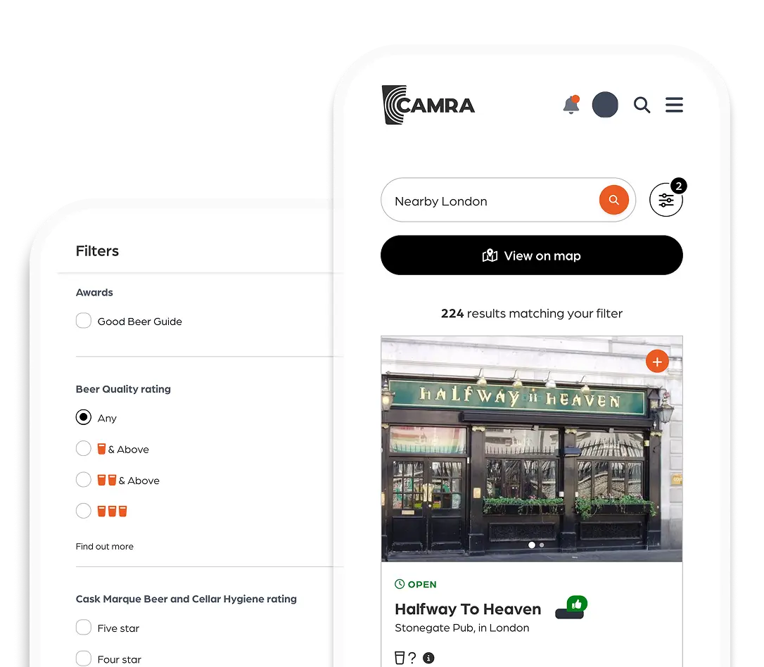 Mobile device screenshot with pub results under Voucher scheme